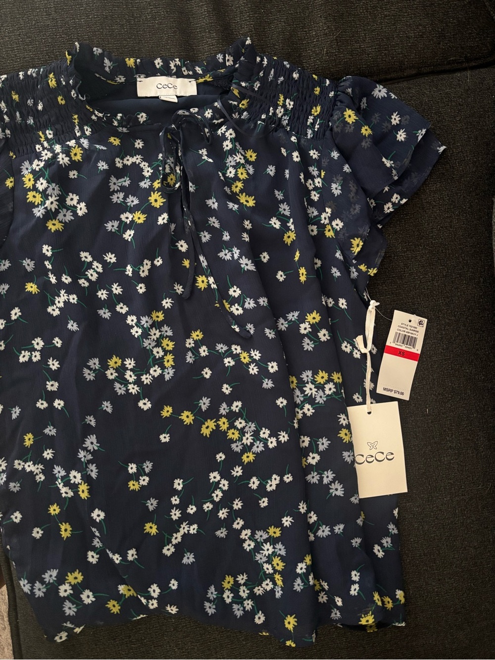 CeCe Navy Floral Ruffled Off-Shoulder Top